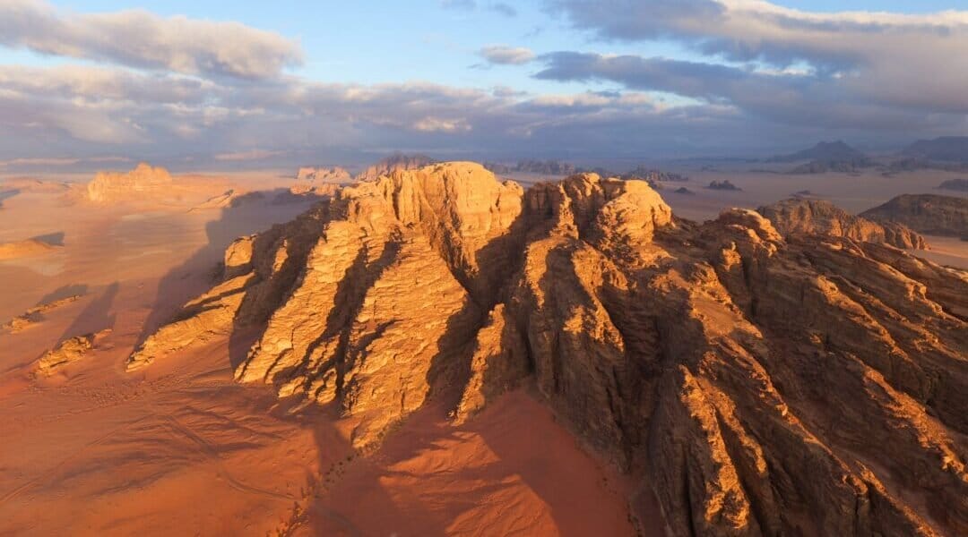 Aerials, from the hot air balloon, in Wadi Rum, show off the region's unique terrain.